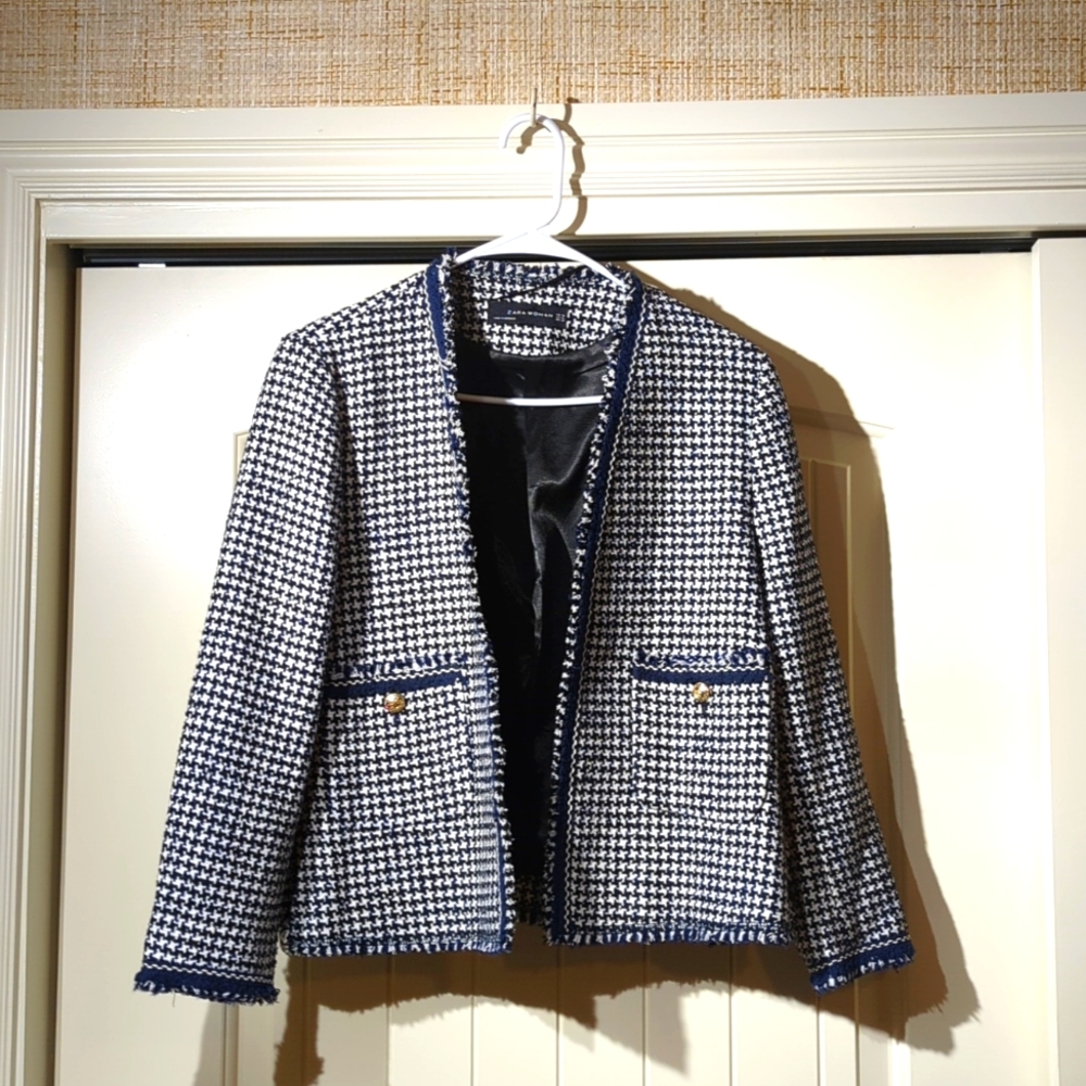 Zara Woman Navy Houndstooth Jacket with Fringe Detailing and Gold Buttons Sz XL